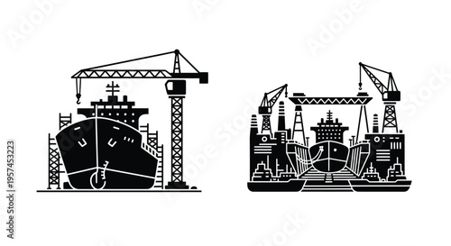 Stylized black and white illustration of ships in a shipyard setting