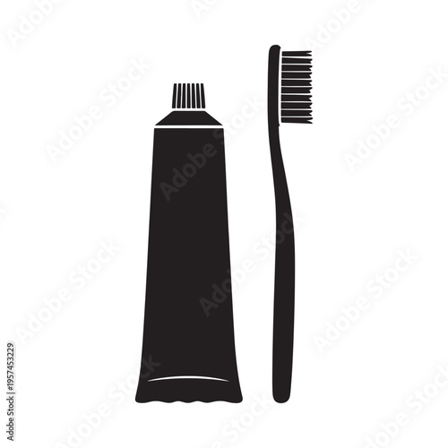 Simple black silhouette depiction of toothpaste and a toothbrush