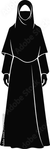 Black silhouette vector illustration of a Muslim woman wearing a traditional long abaya dress with a hijab and niqab facial covering isolated on white.