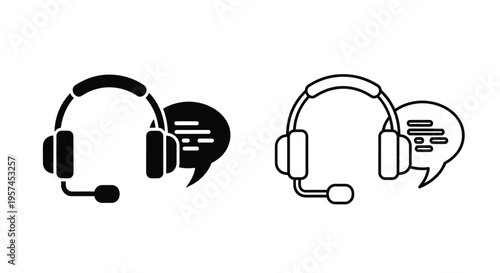 Headset with microphone and speech bubble icons in black and white