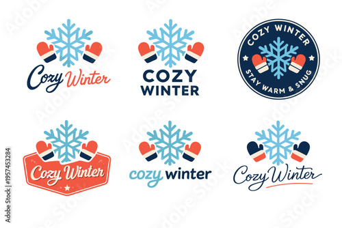 Cozy winter logos featuring snowflakes and mittens in festive designs