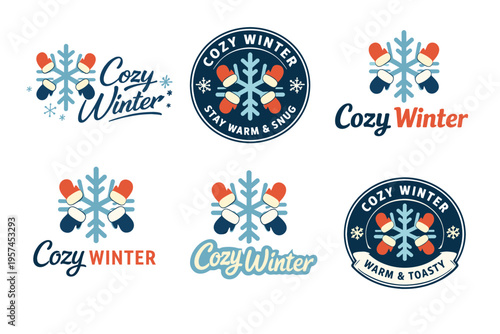 Cozy winter logos with snowflakes and mittens in various styles and colors