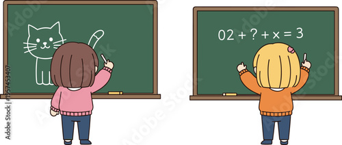 Two school girls drawing a cat and solving a math equation on a chalkboard in a classroom, education and creativity concept.