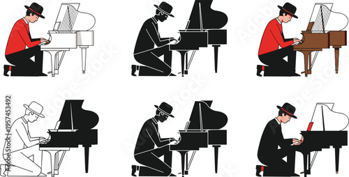 Set of pianist silhouettes and illustrations, man in hat playing grand piano, musical performance icons, jazz musician on white background