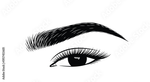 A striking black and white illustration of a human eye and eyebrow