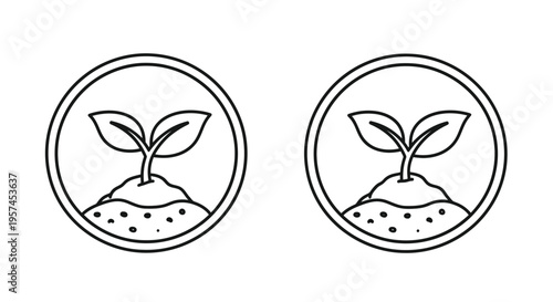 Two stylized sprout illustrations within circular frames black and white