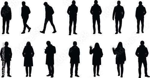 Set of black silhouettes of men and women in winter clothes, walking, standing, waving, and using phone on white background