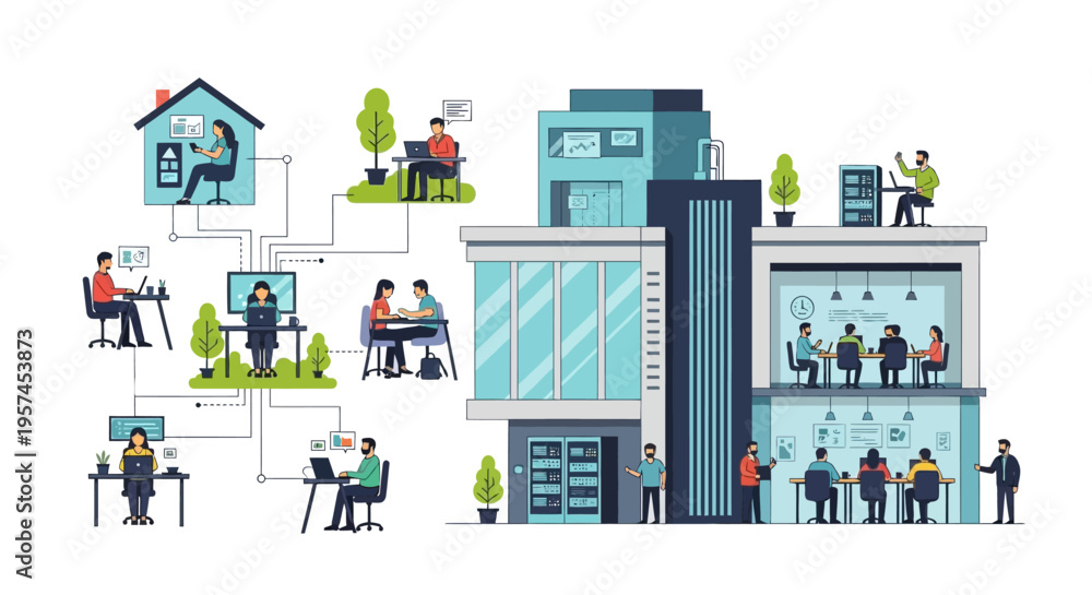 Fototapeta premium Hybrid Work Model: Connected Remote, Office, and On-Site Workforce Collaboration Network