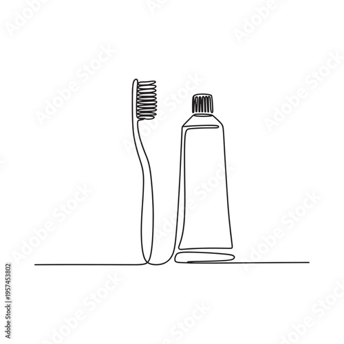 Minimalist line drawing of a toothbrush and toothpaste tube