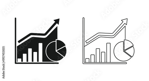 Two line graphs with bar charts and pie charts one filled one outline