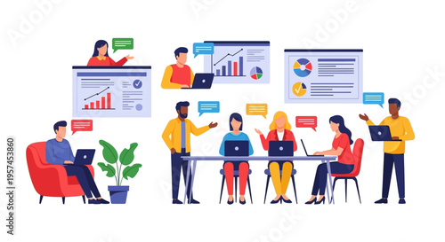Business People Working Together: Diverse Team Analyzing Data, Discussing Strategies & Presenting Reports in Modern Flat Vector Illustration