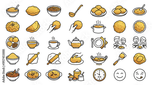 Indian Halwa Puri Food Icon Set in Line Art Style. A collection of linear icons including suji halwa, chickpea curry, tea, teapot, rolling pin, dough, family eating