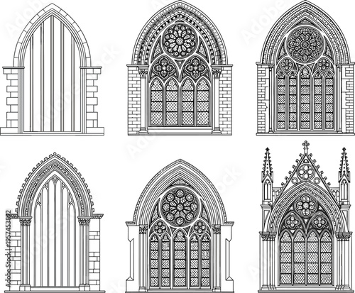 Gothic window silhouette collection set isolated on white background for cathedral architecture design, medieval church, stained glass and historical illustration.