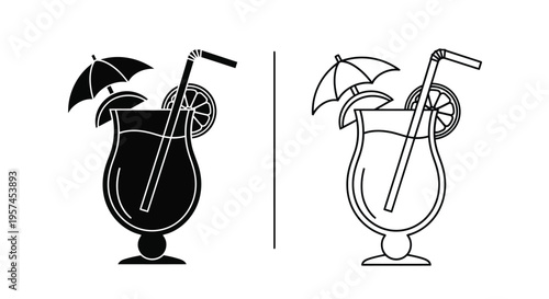 Two depictions of a tropical cocktail with an umbrella and citrus garnish