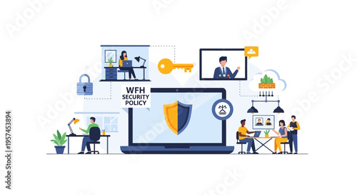Work From Home Security Policy Illustration - Cybersecurity for Remote Teams & Hybrid Workplaces