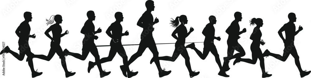 Fototapeta premium Black silhouettes of male and female athletes running together in a group marathon race isolated on white background for fitness and healthy lifestyle concepts (24 words)