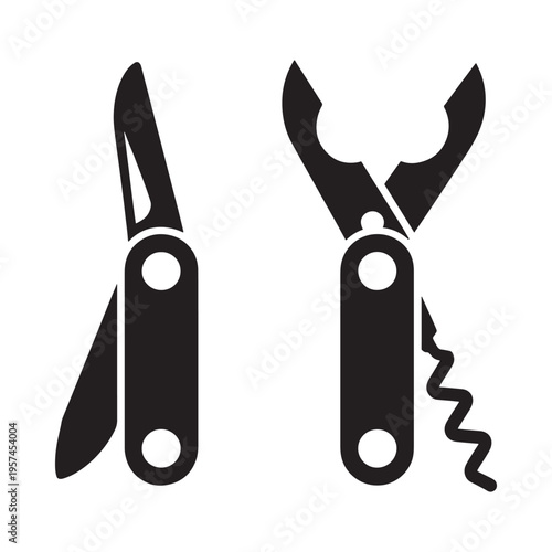 A black silhouette depiction of an open swiss army knife with tools