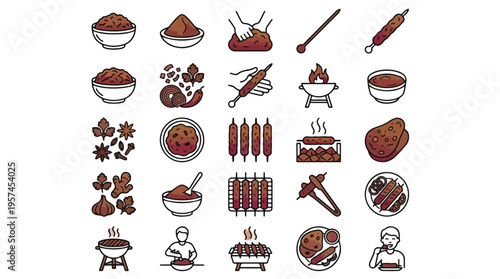 Seekh Kebab Preparation Icon Set in Line Style. A collection of meat grilling linear icons, including skewer, BBQ, spices, charcoal, cooking, eating, naan, bowl, seasoning, and more. Vector.