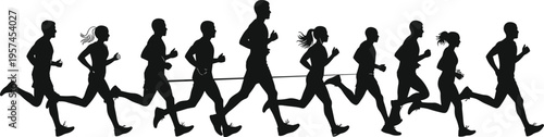 Black silhouettes of male and female athletes running together in a group marathon race isolated on white background for fitness and healthy lifestyle concepts (24 words)