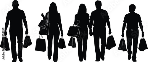 Black silhouettes of diverse men and women walking with shopping bags isolated on white background group of shoppers carrying bags after seasonal retail sale