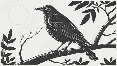 A minimalist black and white illustration of a bird perched on a tree branch with leaves and a moon in the background