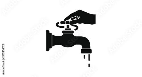 Black silhouette of a hand turning a water faucet with dripping water