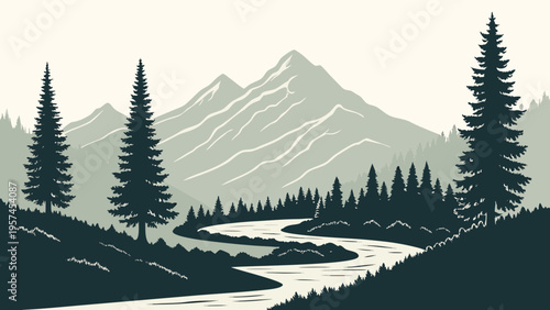 A serene vector illustration of a winding river flowing through a forest with mountains in the background