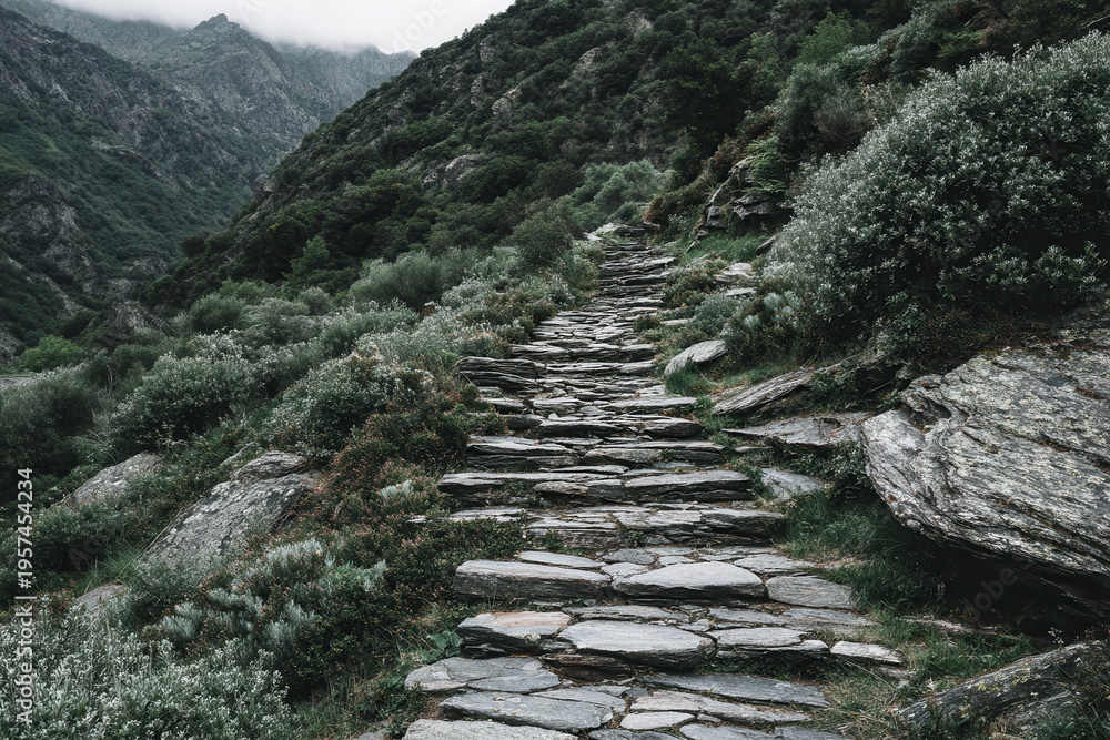 Fototapeta premium Stone path ascending through a verdant mountain valley creating a journey concept