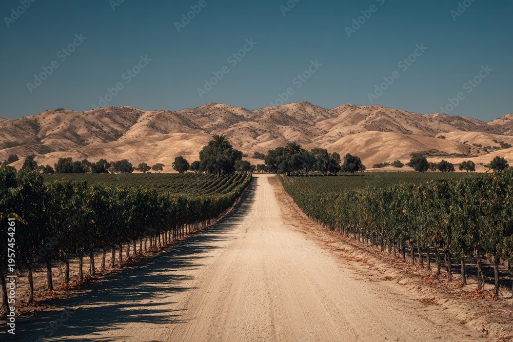Naklejka premium Country road leading through lush vineyard rows under dry rolling mountains and clear sky