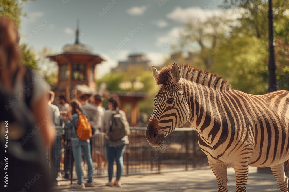 Fototapeta premium Zebra standing in a zoo enclosure with people in the background viewing the animal