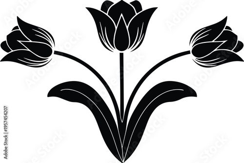 tulip flower silhouette vector set - black and white floral bouquet icon .