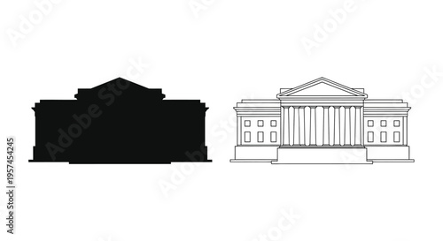 Architectural building facade illustration silhouette and line drawing versions