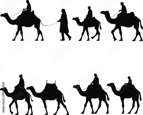 Camel Caravan and Desert Travel Silhouettes isolated on white background, Vector, illustration