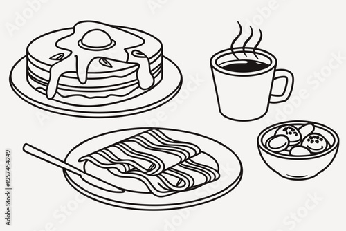 A minimalist line art illustration of a breakfast spread featuring pancakes, syrup, coffee, French toast, and a bowl of fruit.