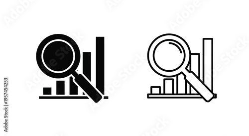 Two black and white icons depicting a magnifying glass over bar graphs