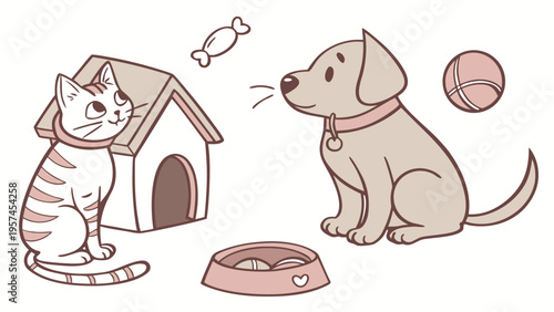 A cute vector illustration of a cat and dog sitting together with a doghouse and pet accessories