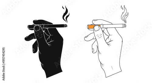 Two hands holding smoking cigarettes depicted in contrasting black and white