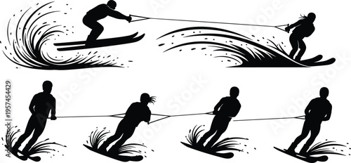Black water skiing silhouettes set with athletes gliding on waves splashing water spray extreme summer sports action figures isolated on white background vector