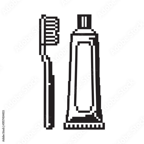 Pixelated illustration of a toothbrush and tube of toothpaste