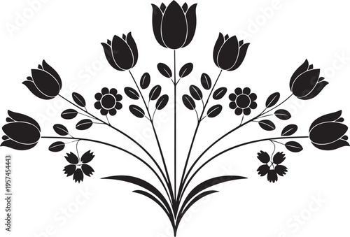 tulip flower silhouette vector set - black and white floral bouquet icon .