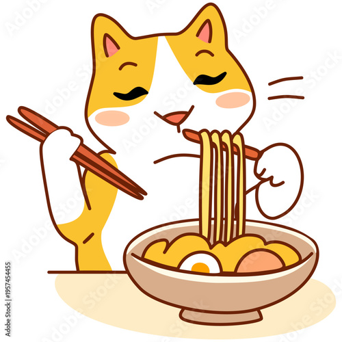 Cute Kawaii Calico Cat Eating Japanese Ramen Noodles with Chopsticks
