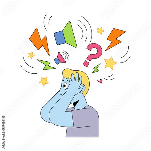 Man feeling overwhelmed by noise while covering his ears in confusion  
