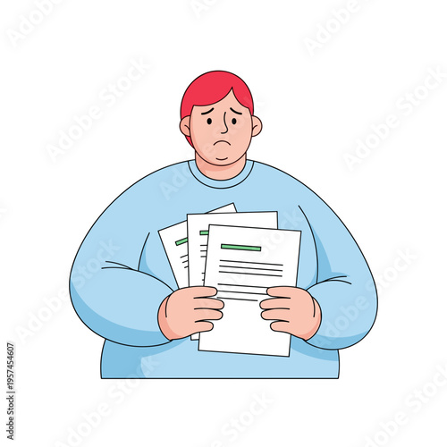 Overweight man holding papers with a worried expression on white background  