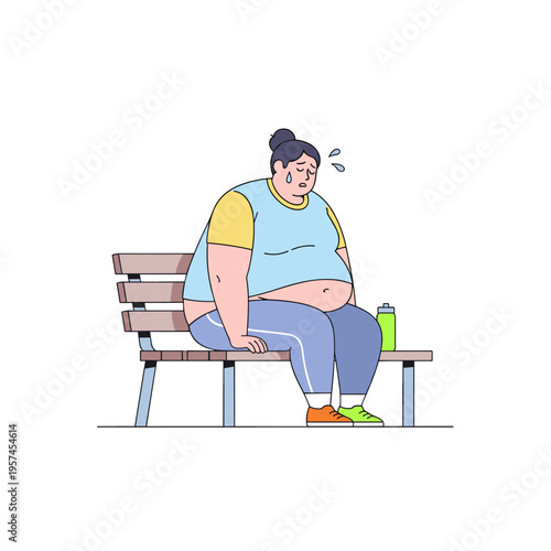 Overweight woman sitting on bench looking tired and sweating  