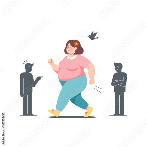 Overweight woman confidently walking while being judged by two figures  