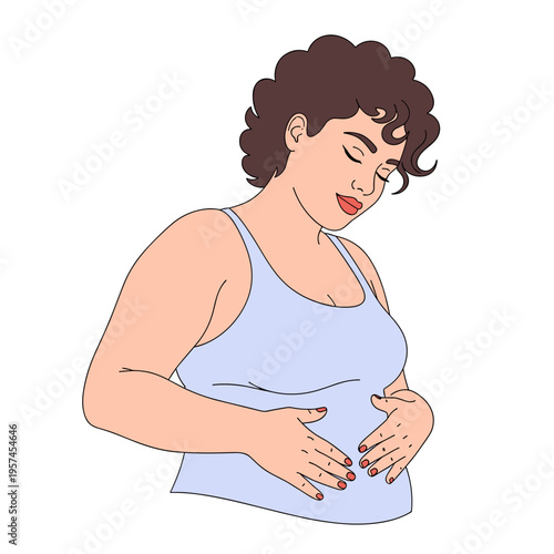Overweight woman smiling and touching her belly in casual attire  