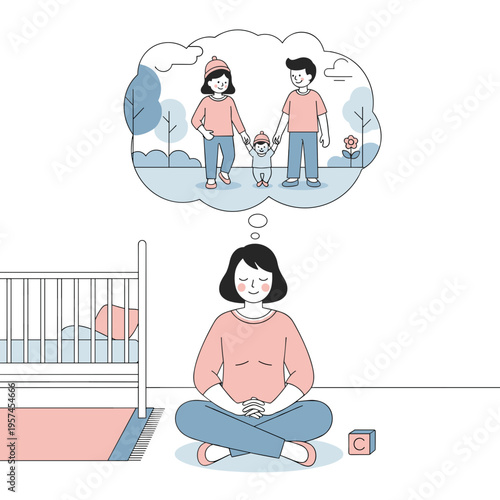 Pregnant woman meditating while imagining family in park with child  