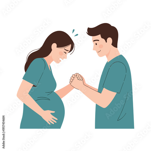 Pregnant woman in labor holding hands with partner in hospital  