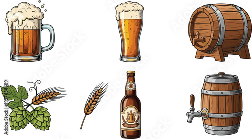 Beer Brewing Vector Illustration Showing Mug Glass Barrel Bottle Hop and Barley