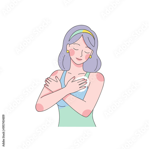 Young woman embracing herself and smiling in colorful style  